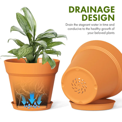 WSMKSZ 5 Inch Plastic Plant Pots with Drainage Holes and Trays – 6 Pack Small Nursery Pots for Indoor & Outdoor House Plants and Flowers, Seedling Starter Planters, Terracotta