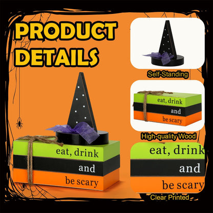 Halloween Decorations 4PCS Table Centerpieces, Cute Tabletop Halloween Decor for Tiered Tray Shelf Mantel Fire Place Office Desk Rustic Farmhouse Wood Faux Book Stack and Witch’s Hat Sign
