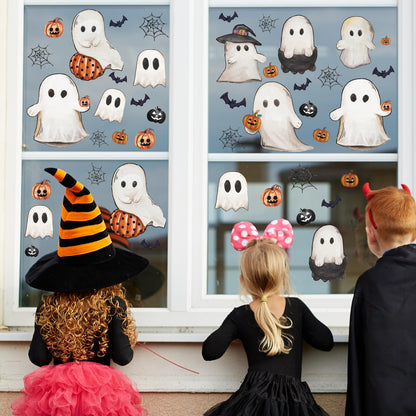 JarThenaAMCS 207Pcs Fall Halloween Christmas Winter Window Clings Maple Leaves Ghost Candy Snowman Double-Sided Glass Decal for Holiday Home School Party Decor,18 Sheets