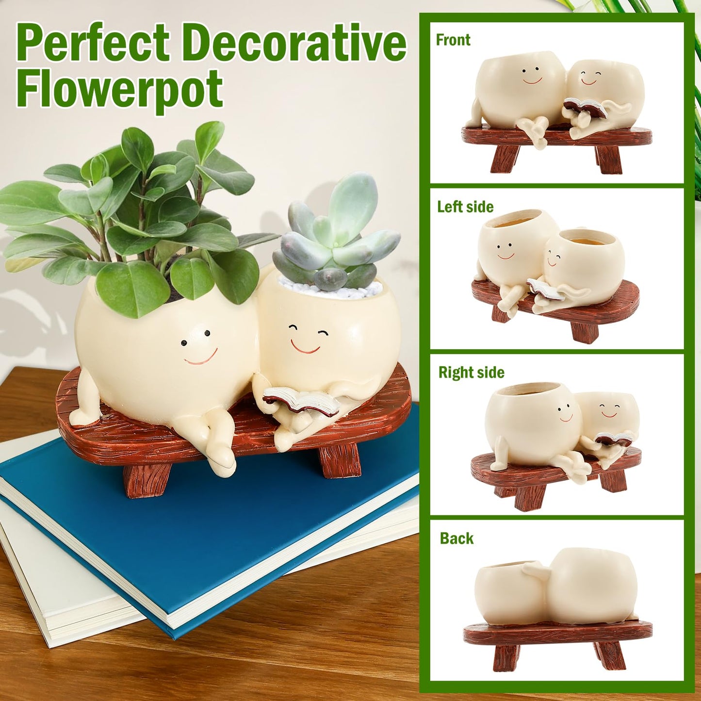 Smily Face Plant Pot, Cute Resin Double Head Planter with Drainage Hole, Novelty Design Chair Succuent Flower Pot, Modern Lady Head Vase Girl Face Planter, Desk Decor Planter for Home or Garden Décor