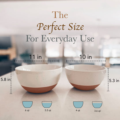 Mora Ceramic Large Mixing Bowls - Set of 2 Nesting Bowls for Cooking, Serving, Popcorn, Salad etc - Microwavable Kitchen Stoneware, Oven, Microwave and Dishwasher Safe - Extra Big 5.5 & 3.6 Qt - White