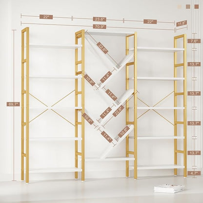INNOD 70x70” Triple 5 Tier Book Shelf, Large Wooden Bookcase with 17 Open Display Shelf, Modern Tree Bookshelf Metal Frame Tall Book Case Furniture for Living Room Bedroom Home Office White & Gold
