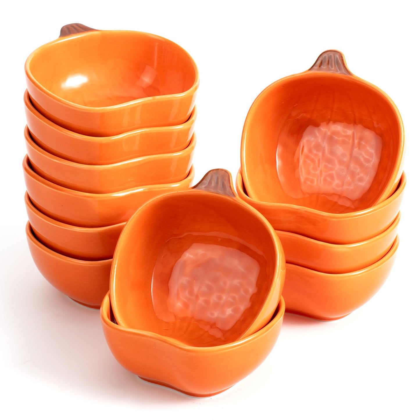 EIDIND 12 Pack Ceramic Pumpkin Bowls, 6 oz Small Fall Ramekins, Pumpkin Shaped Dishes for Halloween Thanksgiving Candy Snack Dip Sauce, Orange Mini Bowls for Autumn Party Decor