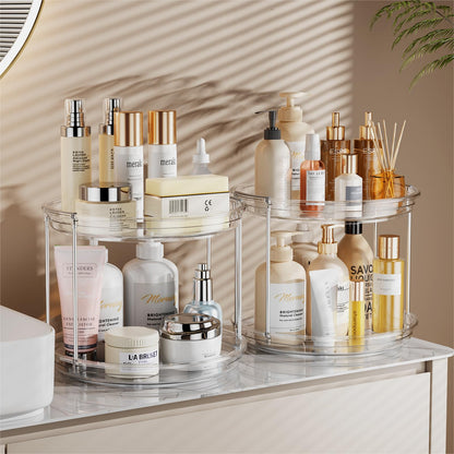 LAMU 2 Pack 2 Tier Lazy Susan Turntable Organizer 9.25'' Rotating Spice Rack Organization for Cabinet, Kitchen, Pantry, Countertop, Bathroom, Vanity, Medicine Cabinet Organizer, Clear