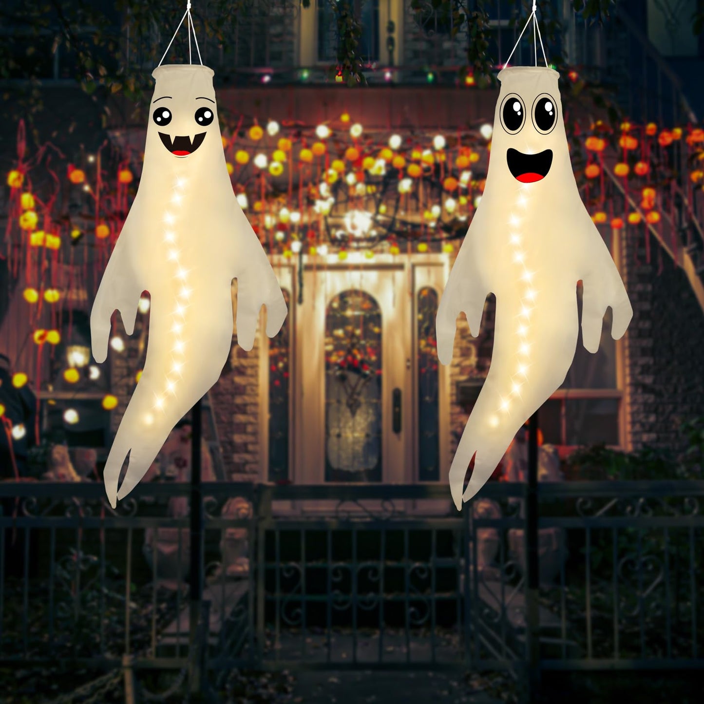 Geefuun 2PCS Warm Halloween CuteGhost Windsocks Hanging Decorations - 43 Inch Flag Wind Socks for Home Yard Outdoor Decor Party Supplies (Batteries Not Included,No Timer)