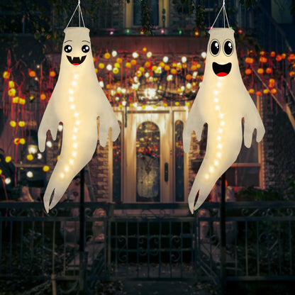 Geefuun 2PCS Warm Halloween CuteGhost Windsocks Hanging Decorations - 43 Inch Flag Wind Socks for Home Yard Outdoor Decor Party Supplies (Batteries Not Included,No Timer)