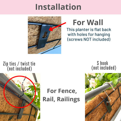 LaLaGreen Wall Planters for Outdoor Plants (2 Pack, 16 Inch) Window Flower Boxes Basket Attach to House, Deck Railing Strawberry Planters with Coco Liners BalconyTroughs Fence Patio Porch Over Rail
