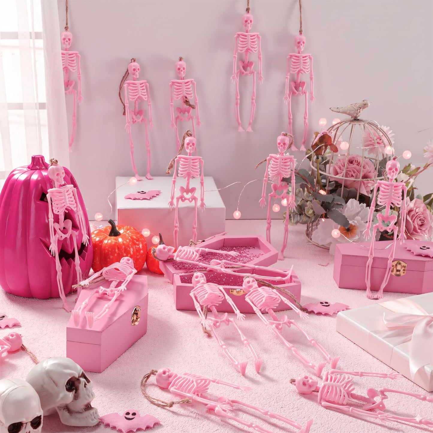 Roowest 36 Pcs Mini Skeleton Figurines Bulk, 6.7 Pink Halloween Skeletons Decor Small Plastic Hanging Skeletons for Halloween Craft Graveyard Haunted House Accessories Party Decor