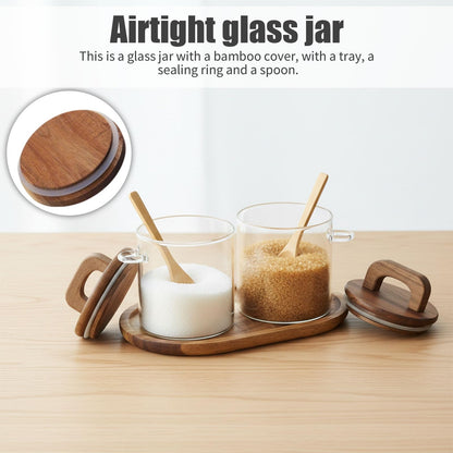Lolytama Sugar Bowl Set,Airtight Glass Sugar Jar with Wooden Lids,Sugar Container Side Spoons and Serving Tray,Round Coffee Bar Accessories for Tea Station,Countertop, Pantry Shelf,2 Pack