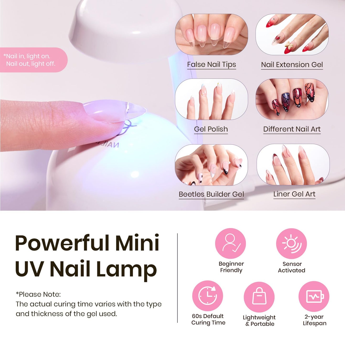 Beetles Tipex Gel Nail Kit, Medium Almond Nail Tips 224 Pcs 16 Sizes Pre-Building Pre-Etched Thick Acrylic Tips with Tipex Glue, Mini Lamp