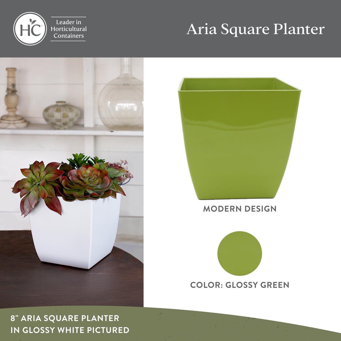 The HC Companies Aria Self Watering Square Plant Pot w/Drainage - Classic Planters for Outdoor Plants & Indoor Plants - Lightweight & UV-Resistant Plastic Pots for Plants (6" Glossy Green, Pack of 1)