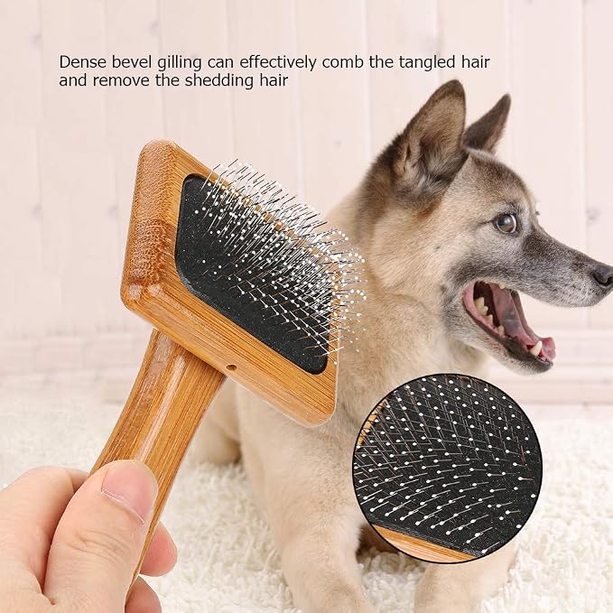 Oumefar 1PCS Bamboo Dog Hair Comb, Pet Wooden Brush Massage Grooming Slicker Brush with Rounded Bristles(Charged)