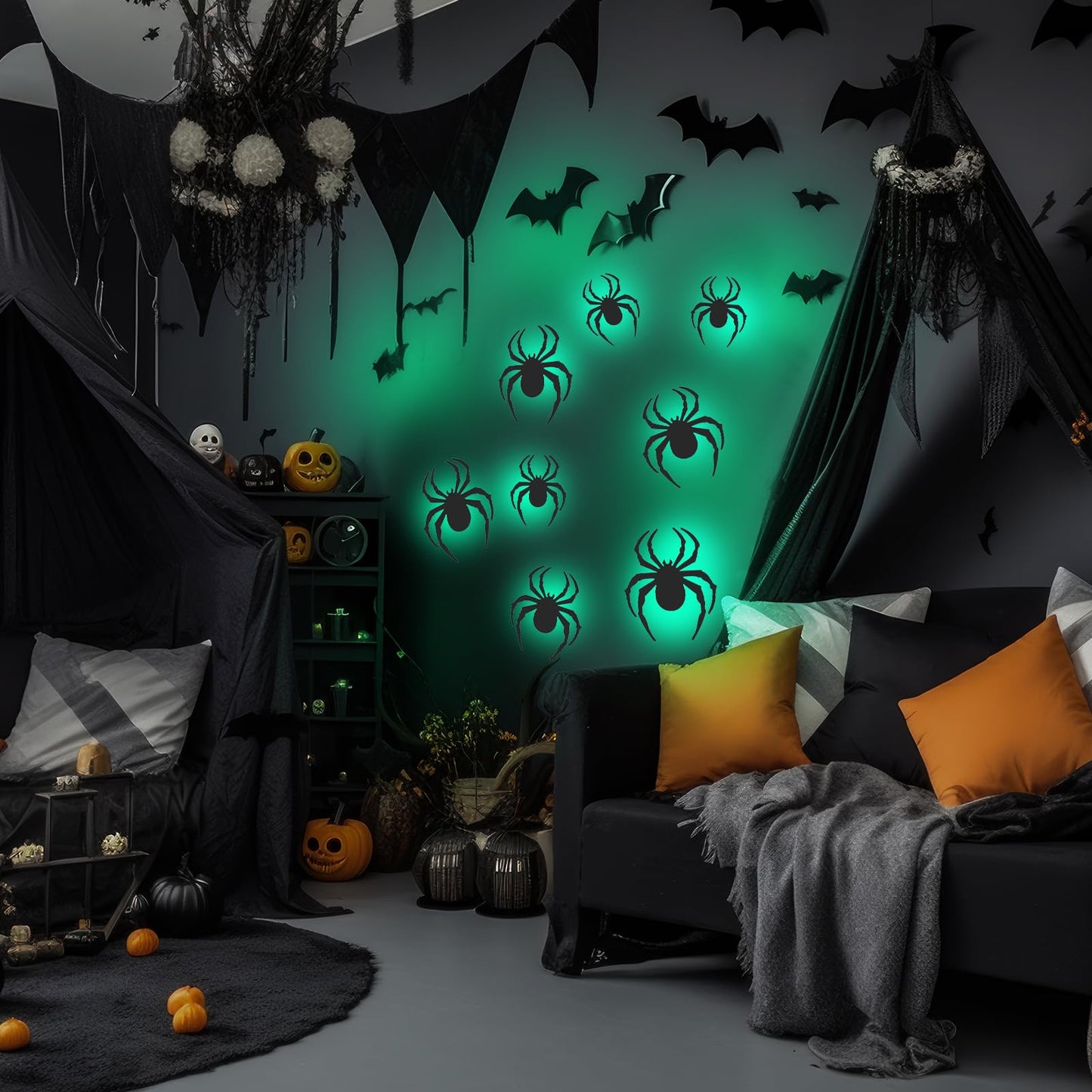Tujoe 48 Pcs 2025 New LED Halloween 3D Lighted Spider Decorations Wall Stickers 4 Different Size Removable PVC Spider Wall Sticker for Indoor Home Hanging Window Glow Decor Party Supplies