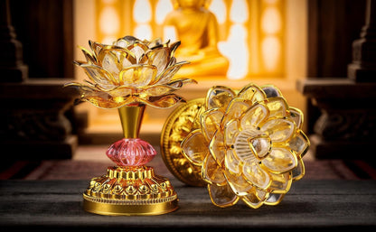 Omeet Colorful LED Lotus Buddhist Lamp, Built 13 Buddhist Songs, Gradient Buddha Light for Worship, Prayer and Display, Low Power Consumption, Eco, Buddhist Supplies - Gold