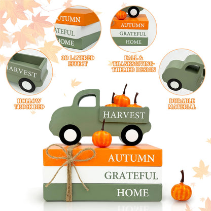 Thanksgiving Decorations for Home Indoor, Wooden Farmhouse Harvest Decor Signs with Book Stack, 3D Truck, 5 Pumpkins for Office Table Tiered Tray, Thanksgiving Centerpiece Gifts for Bedroom Desk
