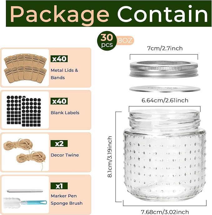 CycleMore 8oz Mason Jars, 30 Pack Dual Dot Jar With Silver Separable Lids & Colorful Plastic Lids, Tiny Glass Jars for Honey, Jam, Jelly, Wedding Favors, Kitchen Food Storage,