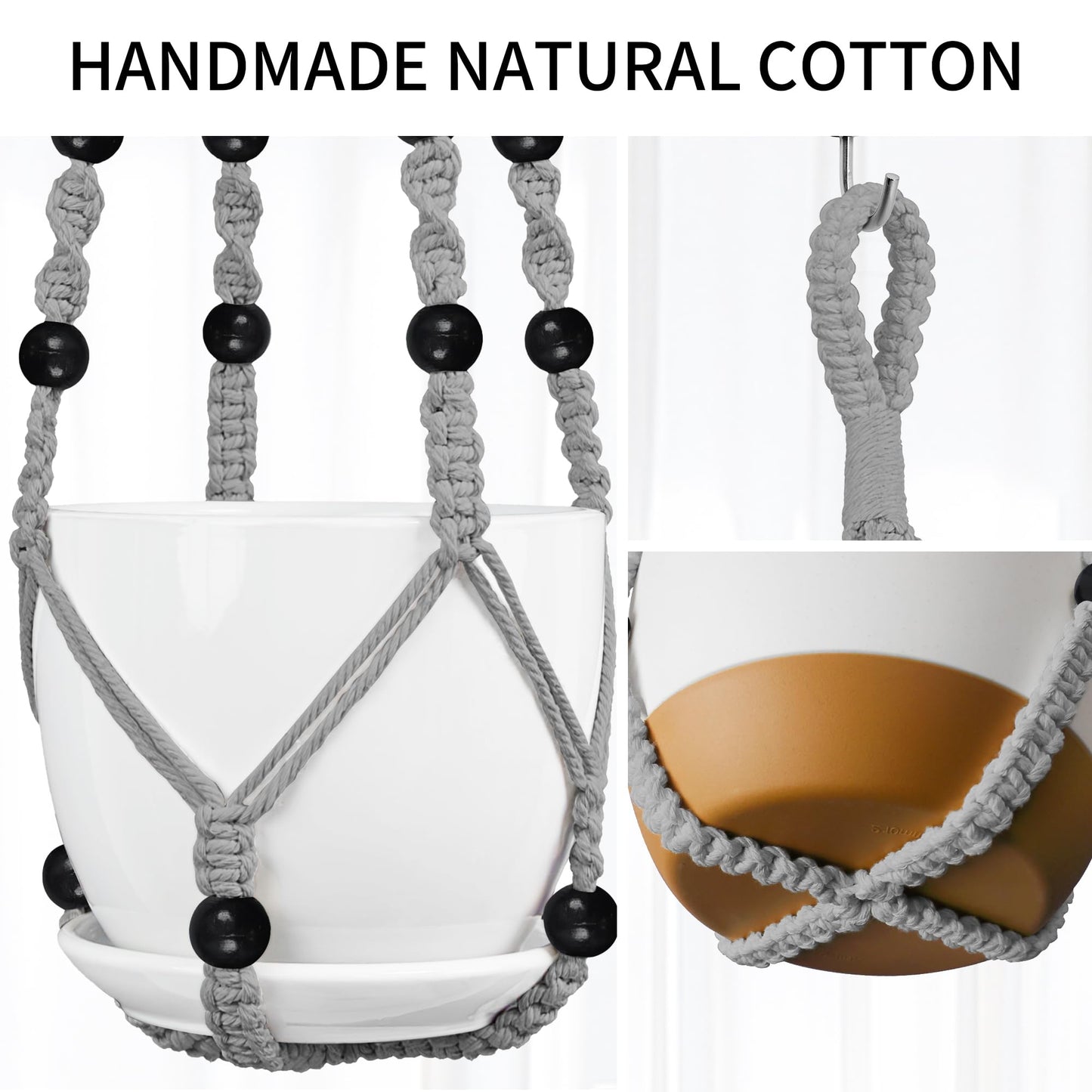 IDEEEPAN Macrame Plant Hanger - Fits 4 to 13 inches Pots for Indoor Outdoor, 35"/29"/23" Different Sizes Set, Gray (POTS NOT Included)