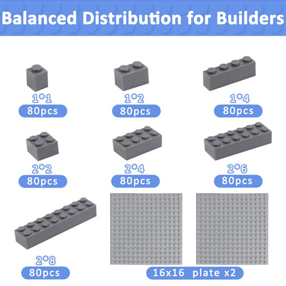 Cabeeskii 560 Pieces Dark Grey Classic Building Blocks Bulk with 2 Base Plates, Building Bricks in 7 Size, Compatible with All Major Bricks, for Kids & MOC Lovers