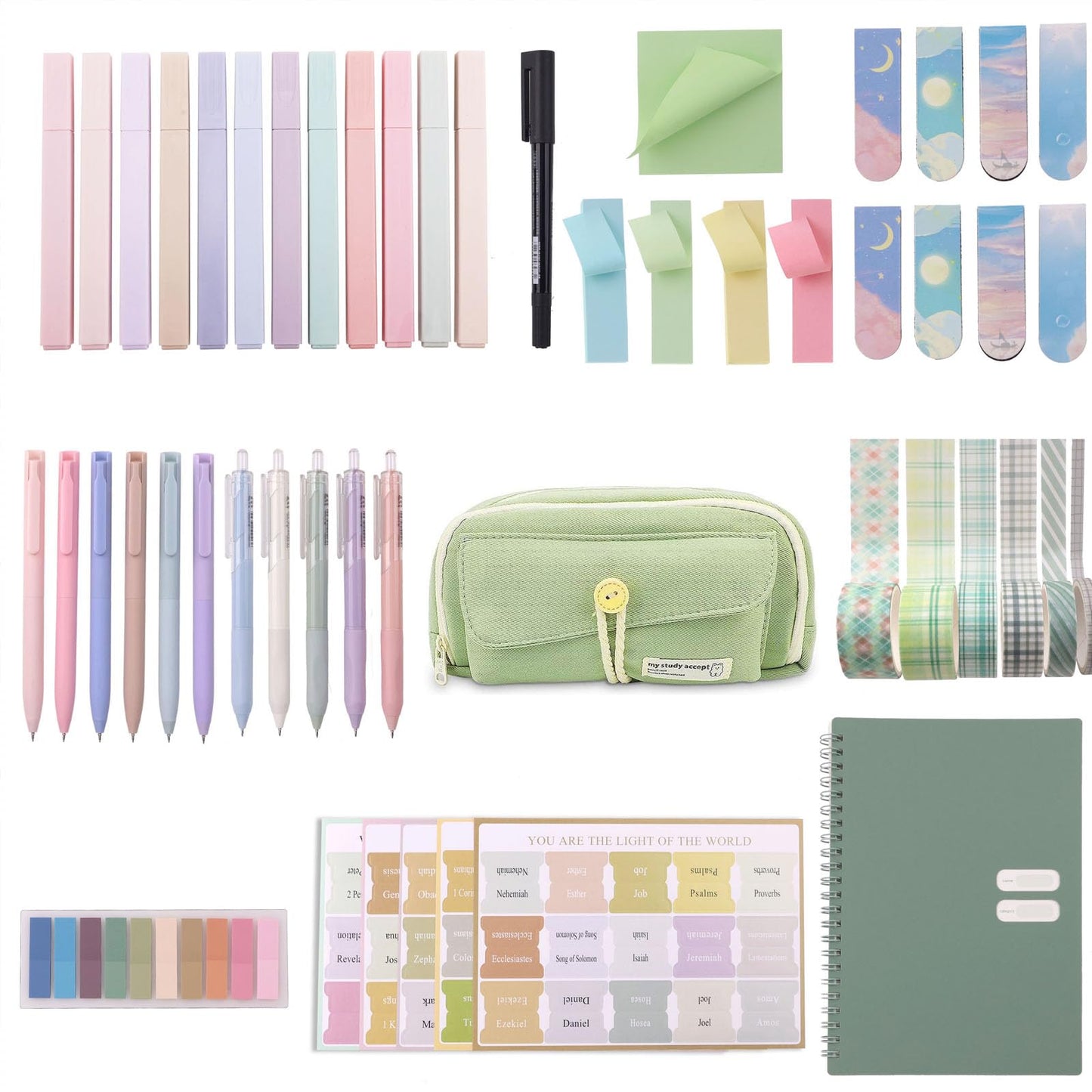 ITAWIXS Green Bible Study Kit for Women, Bible Study Supplies Journaling Set with Tabs, Pen Case, Notebook, Pens Study Group Essentials Accessories Set for Students, Beginners