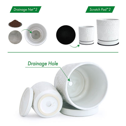 D'vine Dev Set of 2 Modern Matte White Floral Embossed Ceramic Planter Pot with Saucer and Drainage Hole, 4 Inch & 6 Inch, 99-C-1-M