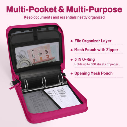 SUNEE Zipper Binder 3 Ring, 3 Inch O-Ring with Handle and Shoulder Strap, 600-Sheet Capacity, 5-Tab Expanding File Folder, Multi-Pockets for Middle School Organizer Binder with Zipper, Berry Pink