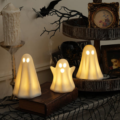 Light Up Ghost Halloween Decor - 3 Pack Ceramic White Ghost Figurines - Indoor, Table, Tray