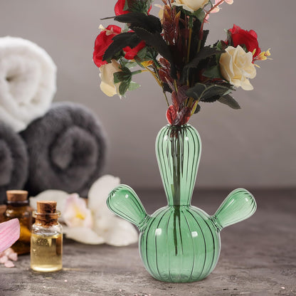 Ipetboom Cactus Shaped Glass Vase Decorative Terrarium Jar Hydroponic Plant Container for Home Décor Green Glass Vase Ornament for Tabletop and Indoor Gardening