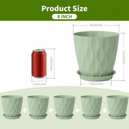 LESOASIS Plant Pots 8 Inch, 6 Pack Plastic Flower Pots for Indoor & Outdoor Plants, Planters with Drainage Holes and Saucer, Garden Pot for Plants (Green)