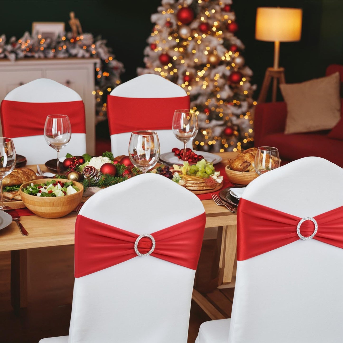 LEBENGURU Red Spandex Chair Sashes-30pcs Premium Stretch Bows with Buckle Slider, Universal Elastic Chair Bands for Wedding Party Banquet Decoration