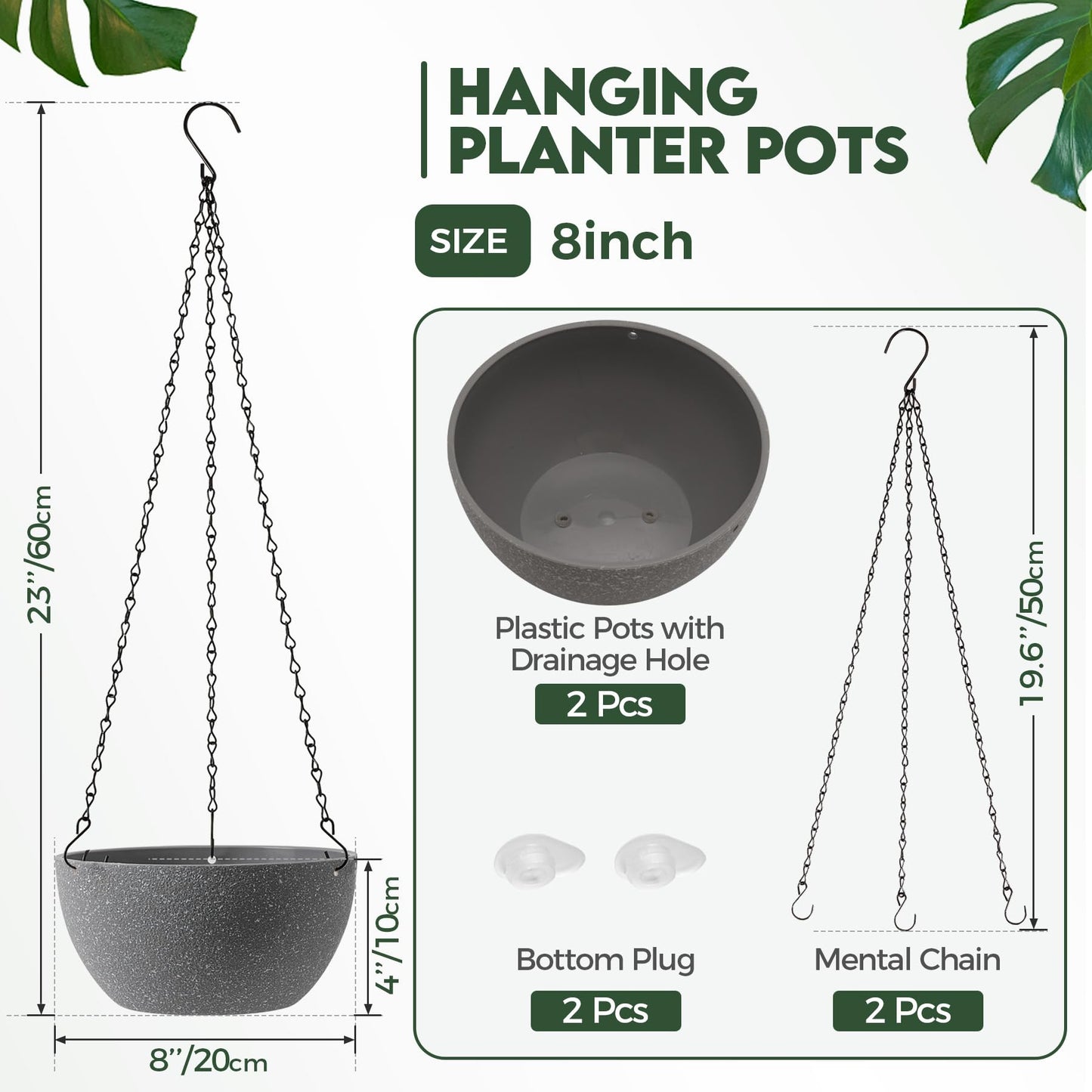 T4U 8 Inch Hanging Planters for Indoor Plants, 2 Pack Hanging Planter, Hanging Plant Pots with Drainage Holes and Chain, Hanging Basket Pots for Garden Home Porch Decor,Grey