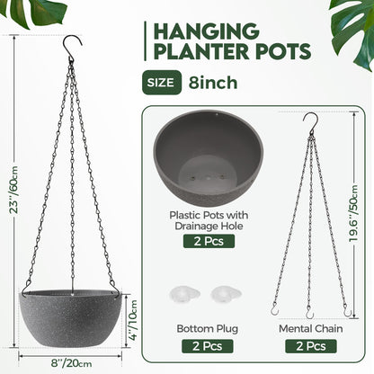 T4U 8 Inch Hanging Planters for Indoor Plants, 2 Pack Hanging Planter, Hanging Plant Pots with Drainage Holes and Chain, Hanging Basket Pots for Garden Home Porch Decor,Grey