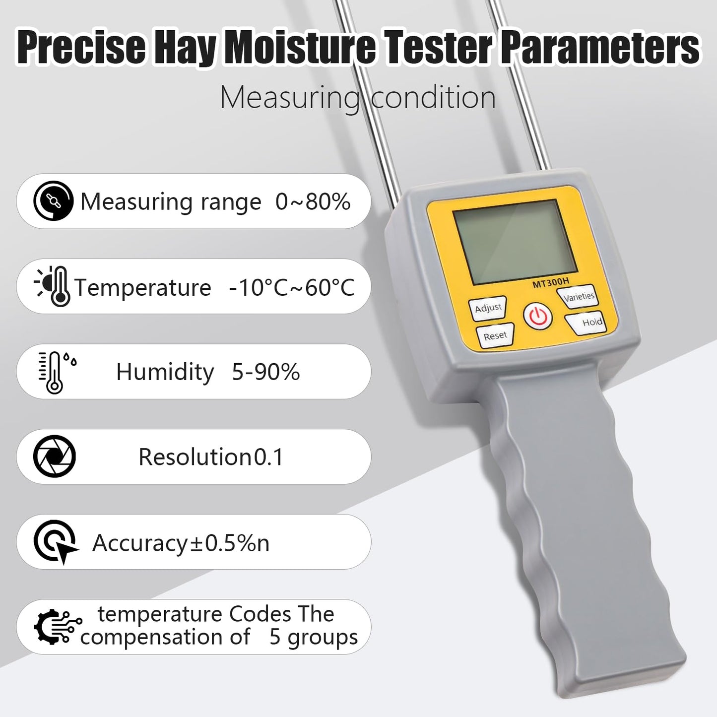 Hay Moisture Tester – Portable Dual Probe Hay Moisture Meter with Temperature & Humidity Compensation – For Hay Bale, Forage Grass, Alfalfa, Pennisetum Hydridum & Leymus Chinensis Moisture Tester