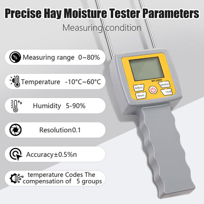 Hay Moisture Tester – Portable Dual Probe Hay Moisture Meter with Temperature & Humidity Compensation – For Hay Bale, Forage Grass, Alfalfa, Pennisetum Hydridum & Leymus Chinensis Moisture Tester