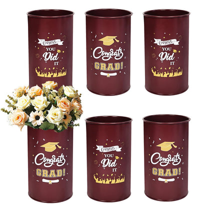 Pack of 6 Graduation Centerpieces Vase for Tables 2026, Galvanized Metal Tin Holder for Flowers Grad Caps Utensil, Congrats Grad Mason Jars for Home Party Decorations Supplies, Reddish Brown