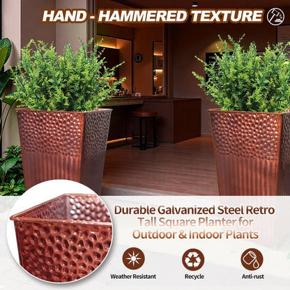 Megawodar 2 Pcs Pack Metal Tall Tapered Planter Pots Steel Large Square Planter Flower Pot with Drainage Holes for Indoor Outdoor Deck Porch Garden Home Patio Front Door (Glossy Copper, 28" H.)