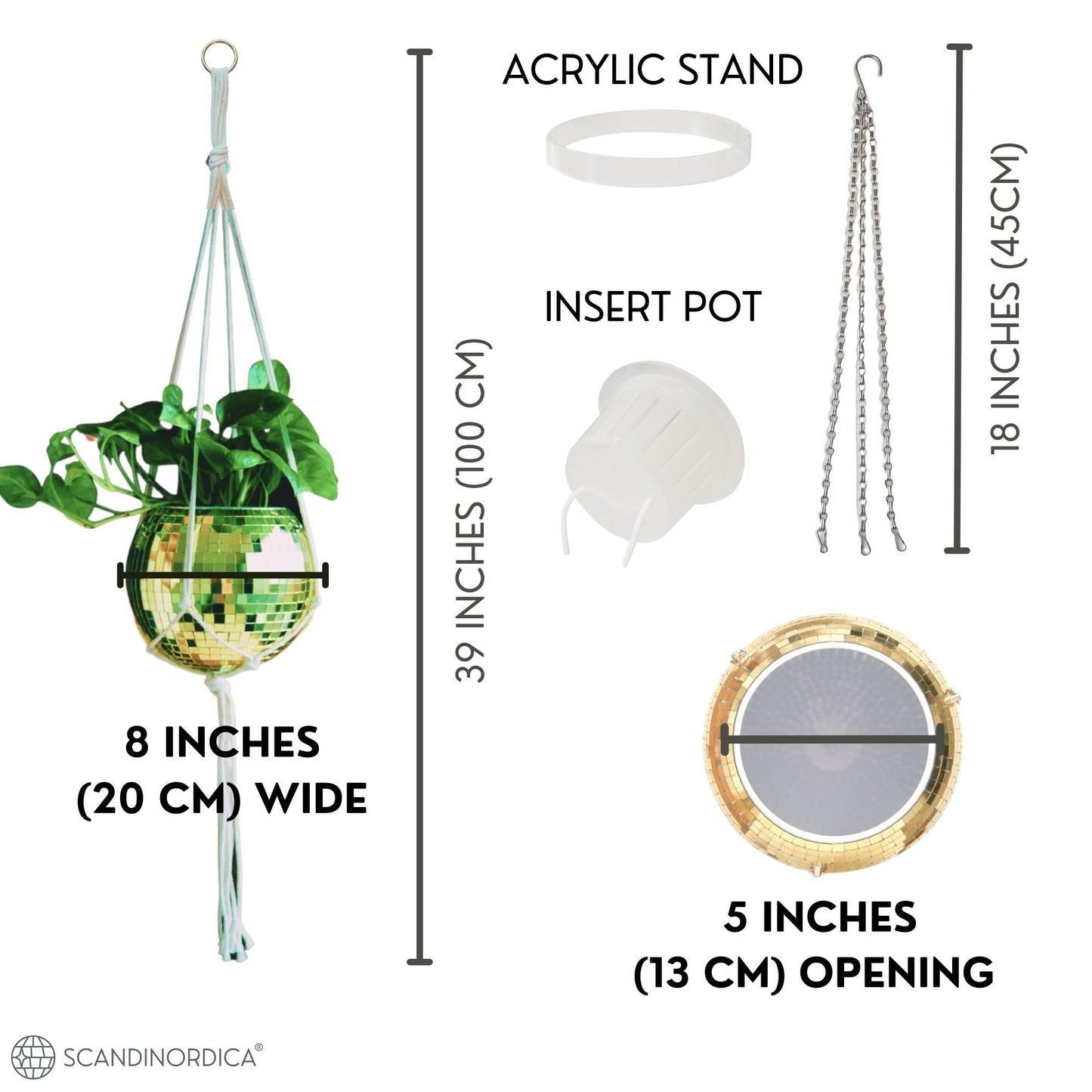 SCANDINORDICA Disco Ball Planter – Disco Ball Plant Hanger, Mirror Disco Planter with Chain, Macrame Hanger, Acrylic Stand and Insert Pot, Hanging Planter | Disco Ball Decor – 20 cm (8“) Gold