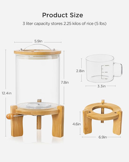 HBlife 5-7 Lbs Glass Rice Dispenser with Wooden Stand Flour and Cereal Container with Glass Measuring Cup Pantry Food Organization Storage Bin with Airtight Bamboo Lid, 3L (2 Pack)