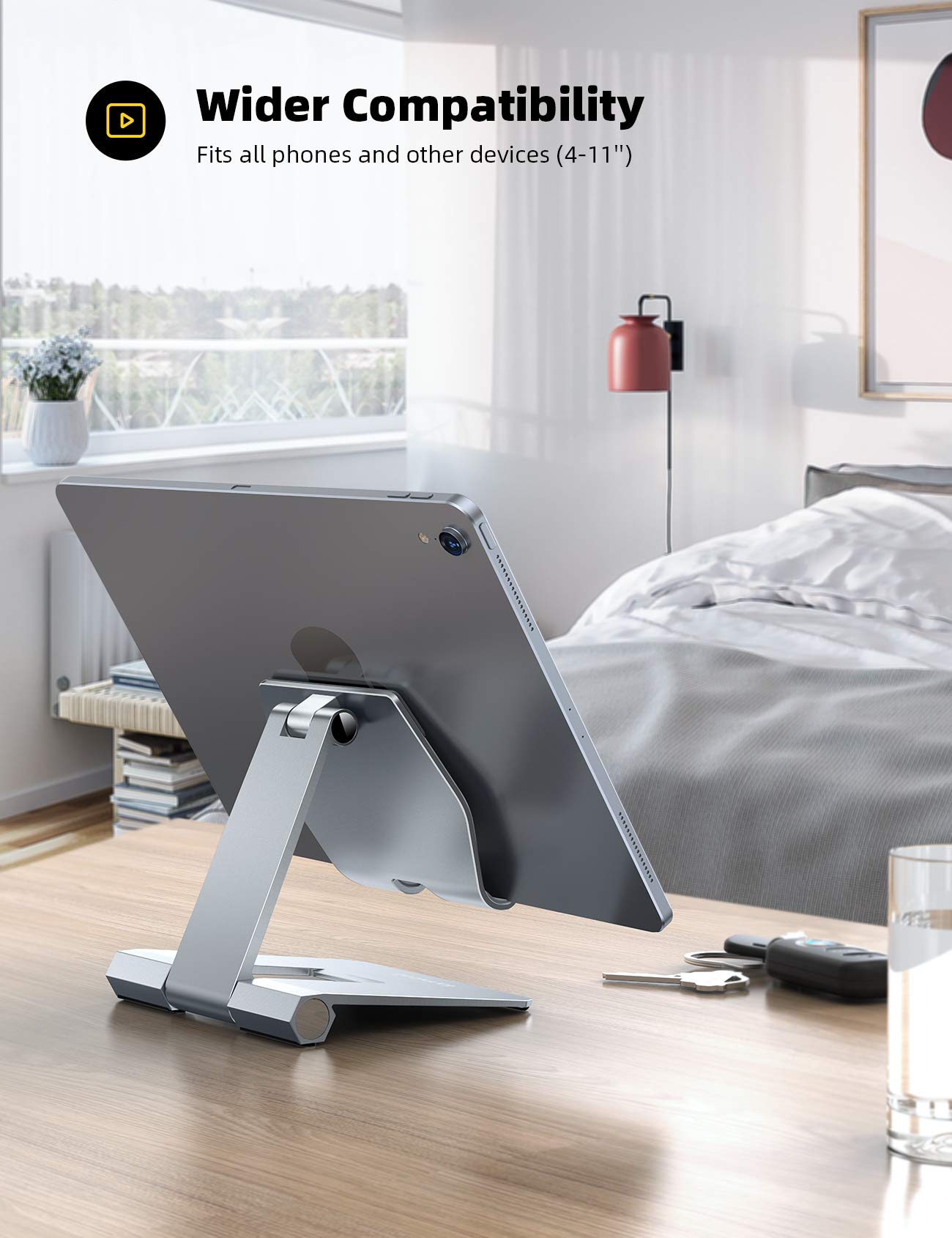 Lamicall Aluminum Metal Adjustable Cell Phone Stand Desk - Heavy Duty Metal Foldable Desktop Phone Holder, Cradle, Dock, for iPhone 16 15 14, Plus, Pro, Pro Max, 13 12 X XS,4-11'' Phone Sliver
