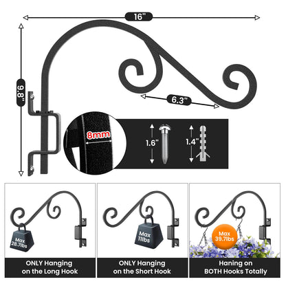 Swivel Plant Hangers Outdoor: 2 Pack 16 Inch Metal Hanging Plant Bracket Sturdy Wrought Iron Plant Hooks Indoor Wall Mount for Hanging Bird Feeders, Lanterns, Flower Baskets, Wind Chimes, Black