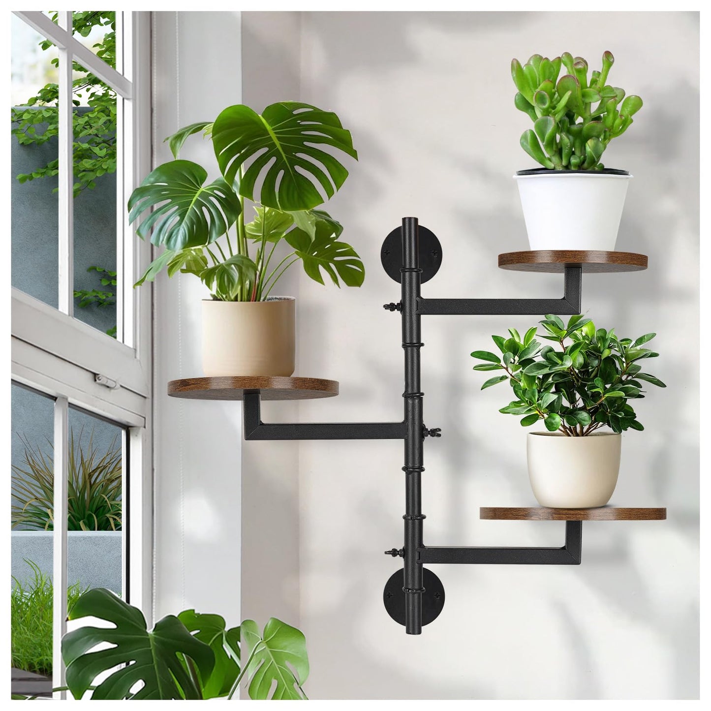 YENGOTH Wooden Rotatable Window Sill Plant Stand, 3 Tier Wall Plant Holder, 180 Degree Rotating Plant Rack, Mid-Century Wooden Style Plant Stand for Indoor and Outdoor Decoration (black)