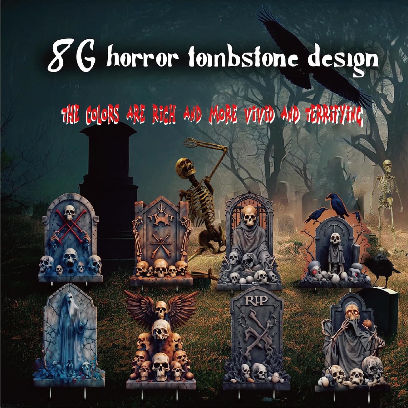 BoGlow Haven 17 Inch Halloween Tombstone Decorations Outdoor - Waterproof Grave Yard Signs with Fiberglass Stakes, Spooky Decor (8-Pack)