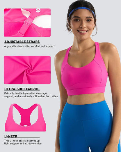 RUNNING GIRL High Impact Sports Bras for Women, Adjustable Straps Pink Sports Bra High Support Molded Cup Racerback Workout Bra(WX3143 Hot Pink M)