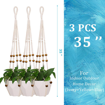 MENG ZHI AO 3 Pcs 35 Inch Macrame Plant Hanger Flower Pot Hanging Plant Holder No Tassels Decorative Hanging Planter Basket with Wood Beads for Indoor Outdoor Home Decor (Ivory)