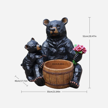 elesculor Black Bear Mother & Cub Garden Statue Planter, Resin Outdoor Flower Pot with Barrel Basket, Decorative Animal Planter for Patio, Yard, Lawn, Cabin Decor