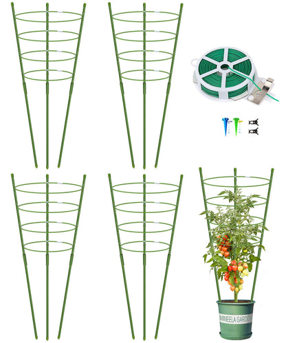 Mimeela 4 Pack Garden Plant Support Tomato Cage, Upgrade 36'' Trellis for Climbing Plants, Plant Trellis Kits with 4 Self Watering Spikes and 20 Plant Clips (36'') (Upcage-4T-23)