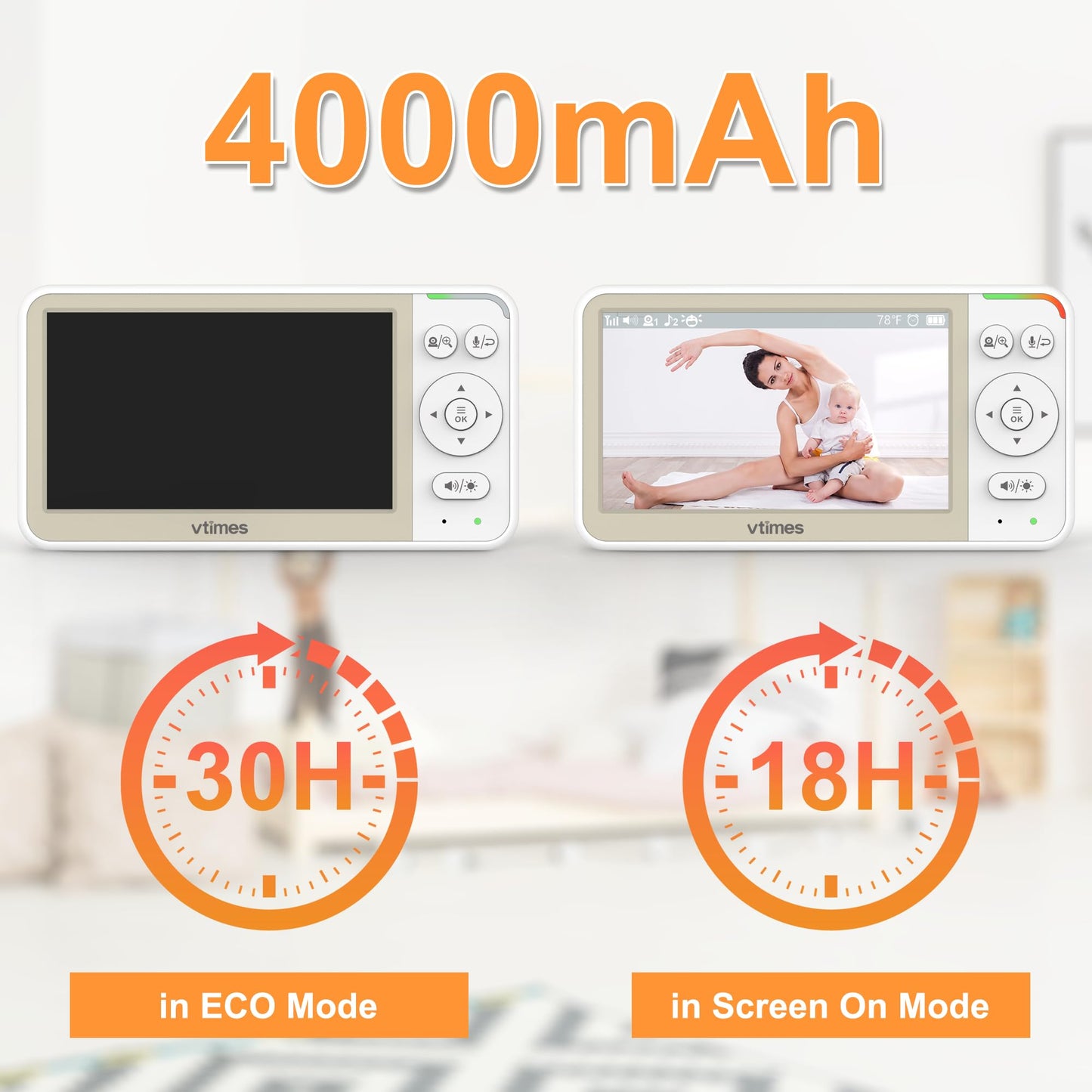 VTimes 5'' Screen Video Baby Monitor with Camera and Audio, 32-Hour Battery, Baby Monitor No WiFi Remote Pan-Tilt-Zoom VOX, Two-Way Talk Night Vision Temperature Display Alarm 8 Lullabies and 1000ft