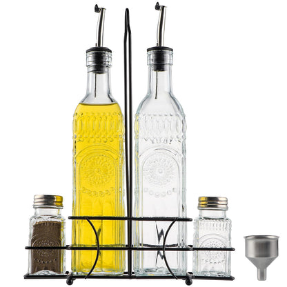 MDLUU Glass Oil and Vinegar Cruet Set, Salt & Pepper Shakers with Holder