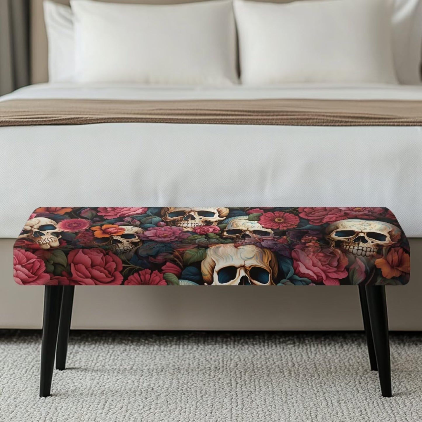 BYOXPUVI Skull Peony Pattern Bench Cover Slipcover,Halloween Decorative Removable Bench Chair Covers Stretch Seat Cushion Protector