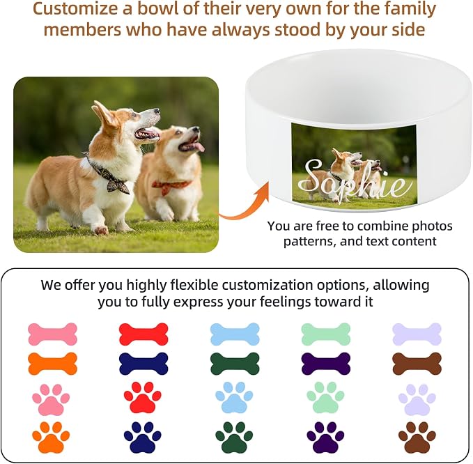 2 Pack Custom Ceramic Dog Bowl, Personalized Food & Water Dish with Photo Name, Cat and Dog Food Bowl with Wood Stand Non-Slip Matte Glaze Weighted