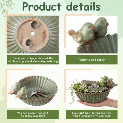 Yiyiring 2 Pack 6.3 Inch Birds Special Design Fun Garden Flower Ceramic Planter Birds Feeder Succulent Pot Flowerpot or Feeder Bird Food Holder for Garden Outside Decor for Outdoor Gifts